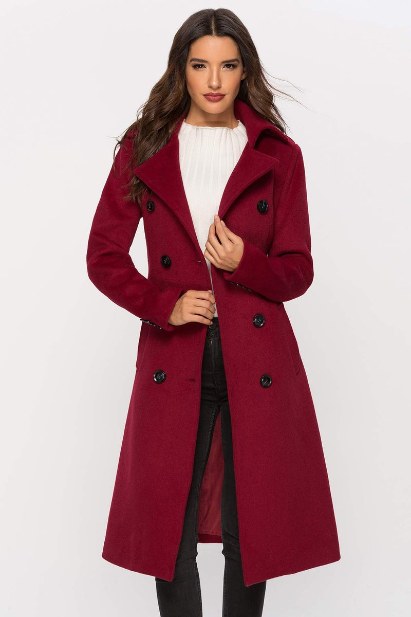 Escalier Womens Wool Coat Double Breasted Pea Coat Winter Long Trench Coat with Belt Wine Red XL - Image 2
